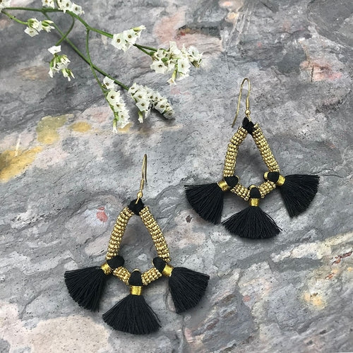 Tassel Fringe Earrings Boho Indian Cotton Tassels Handmade 3 Colors BandsCo Straps