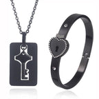 Black Heart Bracelet Choker Set Jewelry Stainless Steel Key Pendant Necklace Women Men Couples Valentines Plated Titanium Matching Puzzle Couple Heart Lock Bracelet And Key Pendant Necklace For Men And Women