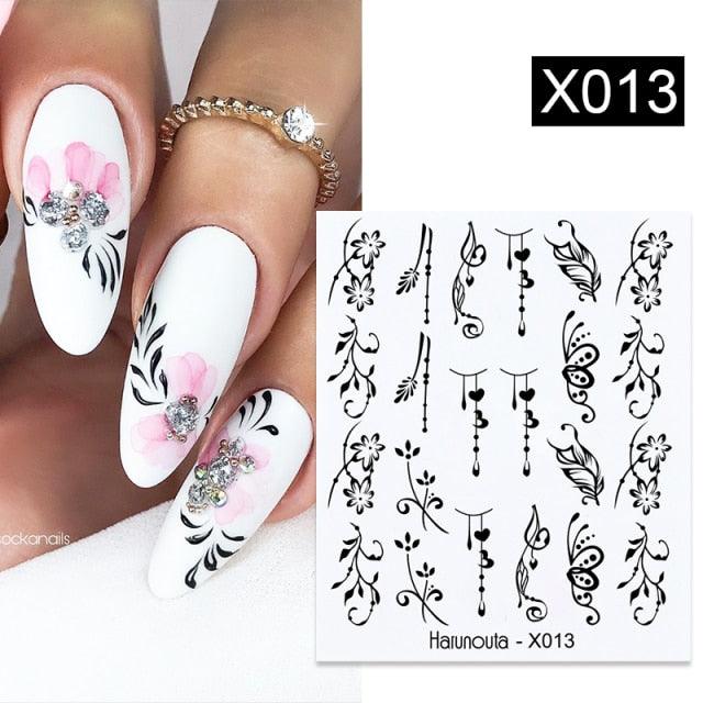 Black Lines Flower Leaves Water Decals Stickers Floral Face Marble Pattern Slider For Nails Summer Nail Art Decoration Summer Stickers on Nails Simple Summer Slider for Manicure Nail Art Watermark Manicure Decor Stevvex