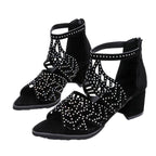 Black Luxury Style Women Summer Sandals Hollow Out Leather Rhinestones Thick Heel Zipper Sandals Beach Sandals Rhinestone Hollow Out Non Slip Breathable Casual Rhinestone Summer Fashion Comfy Sandals Stevvex