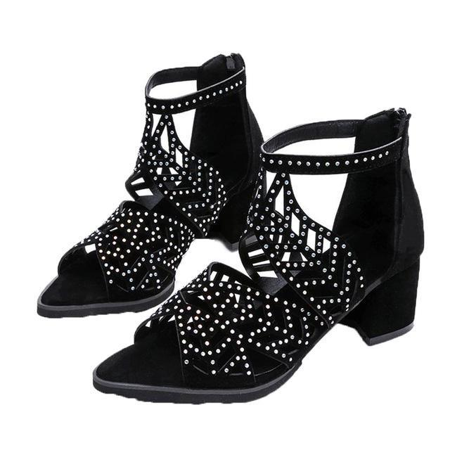 Black Luxury Style Women Summer Sandals Hollow Out Leather Rhinestones Thick Heel Zipper Sandals Beach Sandals Rhinestone Hollow Out Non Slip Breathable Casual Rhinestone Summer Fashion Comfy Sandals Stevvex