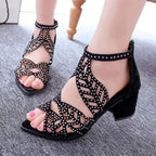 Black Luxury Style Women Summer Sandals Hollow Out Leather Rhinestones Thick Heel Zipper Sandals Beach Sandals Rhinestone Hollow Out Non Slip Breathable Casual Rhinestone Summer Fashion Comfy Sandals Stevvex