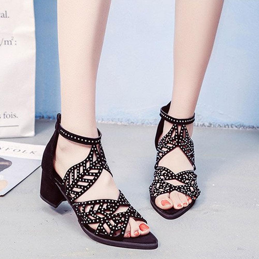 Black Luxury Style Women Summer Sandals Hollow Out Leather Rhinestones Thick Heel Zipper Sandals Beach Sandals Rhinestone Hollow Out Non Slip Breathable Casual Rhinestone Summer Fashion Comfy Sandals Stevvex