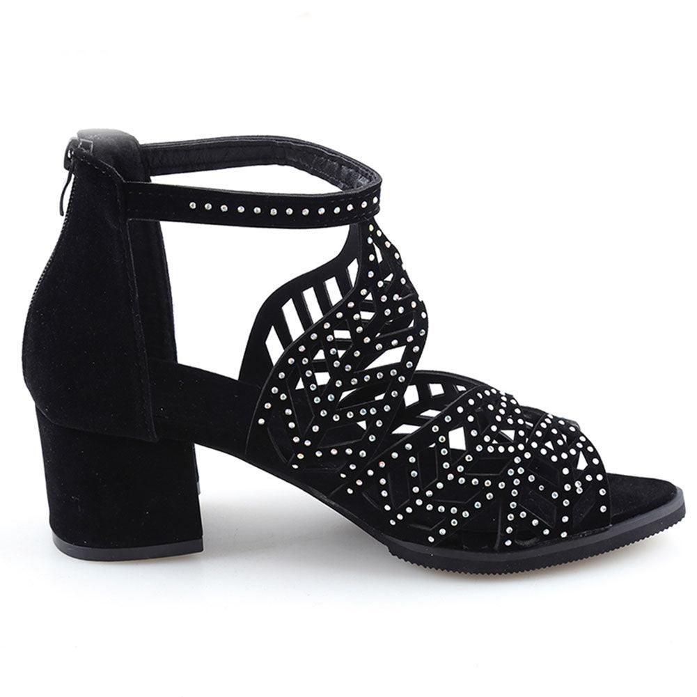 Black Luxury Style Women Summer Sandals Hollow Out Leather Rhinestones Thick Heel Zipper Sandals Beach Sandals Rhinestone Hollow Out Non Slip Breathable Casual Rhinestone Summer Fashion Comfy Sandals Stevvex
