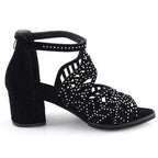 Black Luxury Style Women Summer Sandals Hollow Out Leather Rhinestones Thick Heel Zipper Sandals Beach Sandals Rhinestone Hollow Out Non Slip Breathable Casual Rhinestone Summer Fashion Comfy Sandals Stevvex