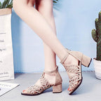 Black Luxury Style Women Summer Sandals Hollow Out Leather Rhinestones Thick Heel Zipper Sandals Beach Sandals Rhinestone Hollow Out Non Slip Breathable Casual Rhinestone Summer Fashion Comfy Sandals Stevvex