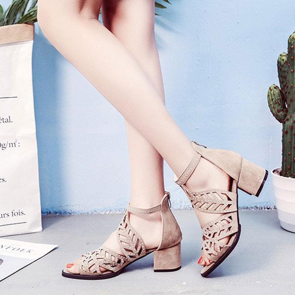 Black Luxury Style Women Summer Sandals Hollow Out Leather Rhinestones Thick Heel Zipper Sandals Beach Sandals Rhinestone Hollow Out Non Slip Breathable Casual Rhinestone Summer Fashion Comfy Sandals Stevvex