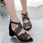 Black Luxury Style Women Summer Sandals Hollow Out Leather Rhinestones Thick Heel Zipper Sandals Beach Sandals Rhinestone Hollow Out Non Slip Breathable Casual Rhinestone Summer Fashion Comfy Sandals Stevvex