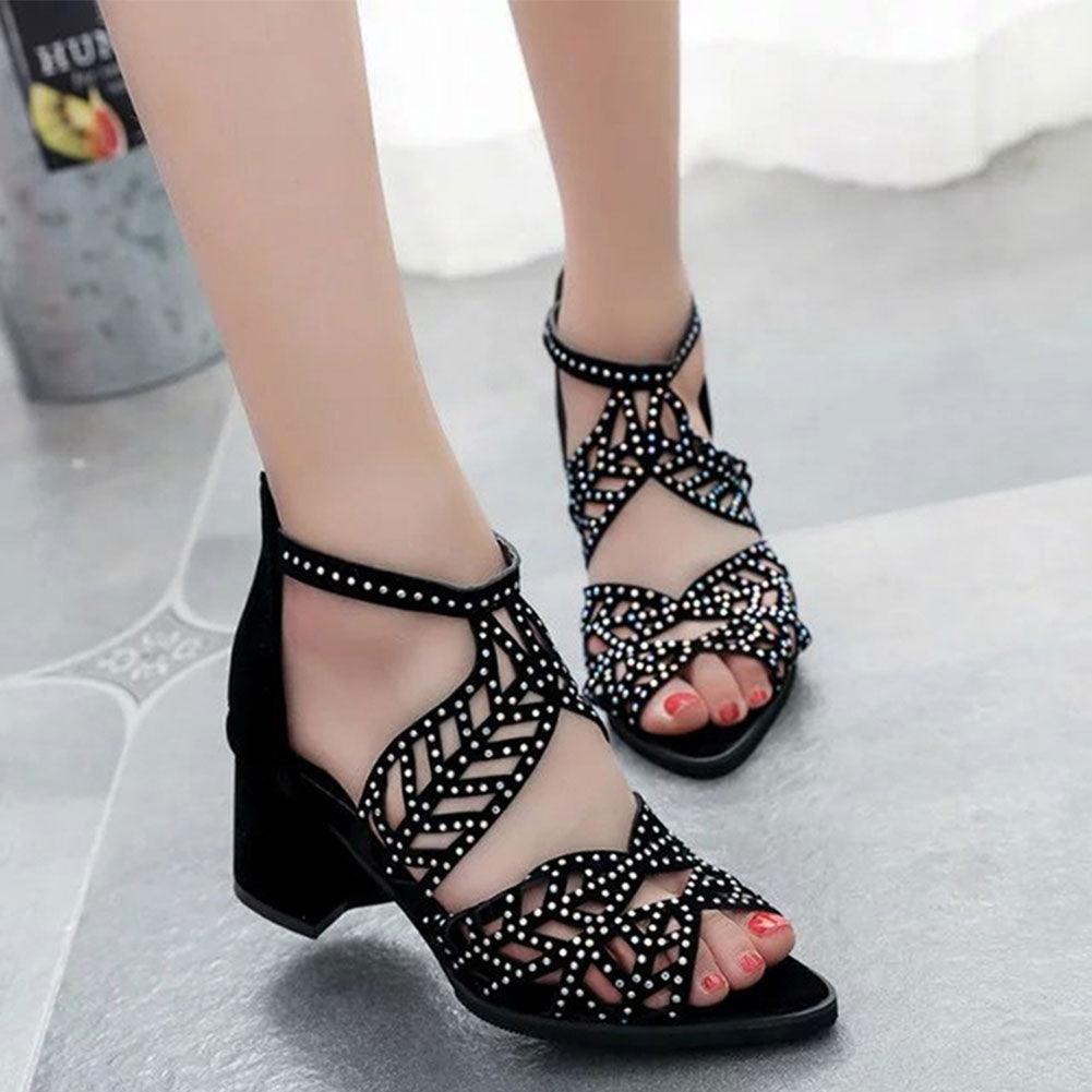 Black Luxury Style Women Summer Sandals Hollow Out Leather Rhinestones Thick Heel Zipper Sandals Beach Sandals Rhinestone Hollow Out Non Slip Breathable Casual Rhinestone Summer Fashion Comfy Sandals Stevvex