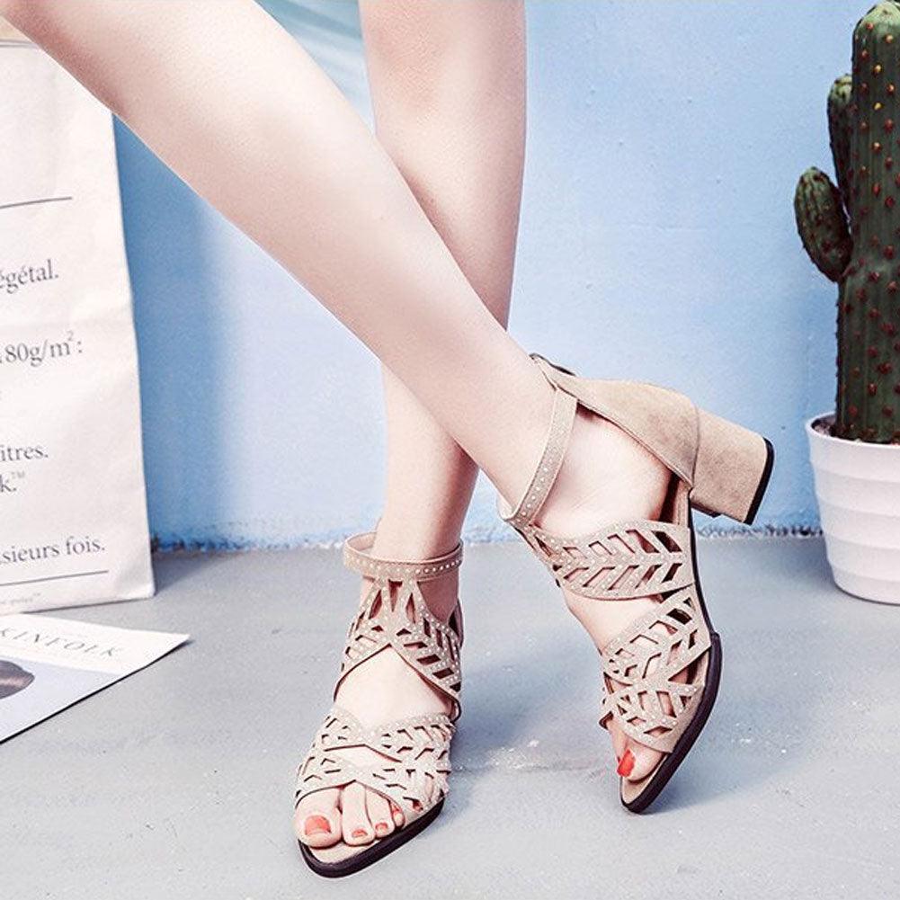 Black Luxury Style Women Summer Sandals Hollow Out Leather Rhinestones Thick Heel Zipper Sandals Beach Sandals Rhinestone Hollow Out Non Slip Breathable Casual Rhinestone Summer Fashion Comfy Sandals Stevvex