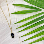 Black Quartz Pendant Necklace - Polished Crystal Brass Wire Minimal Layering BandsCo Straps