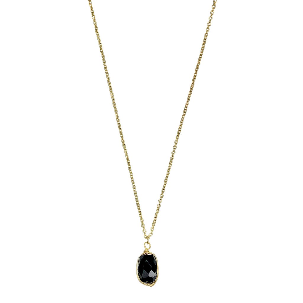Black Quartz Pendant Necklace - Polished Crystal Brass Wire Minimal Layering BandsCo Straps