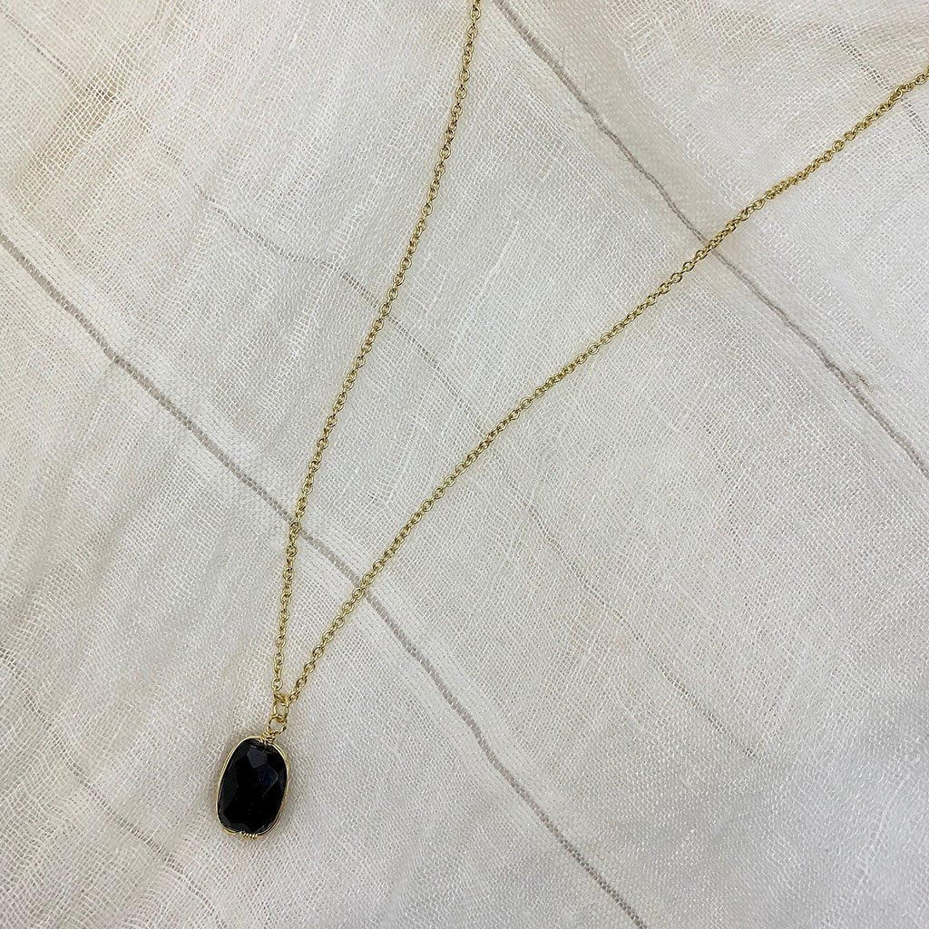 Black Quartz Pendant Necklace - Polished Crystal Brass Wire Minimal Layering BandsCo Straps