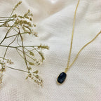 Black Quartz Pendant Necklace - Polished Crystal Brass Wire Minimal Layering BandsCo Straps