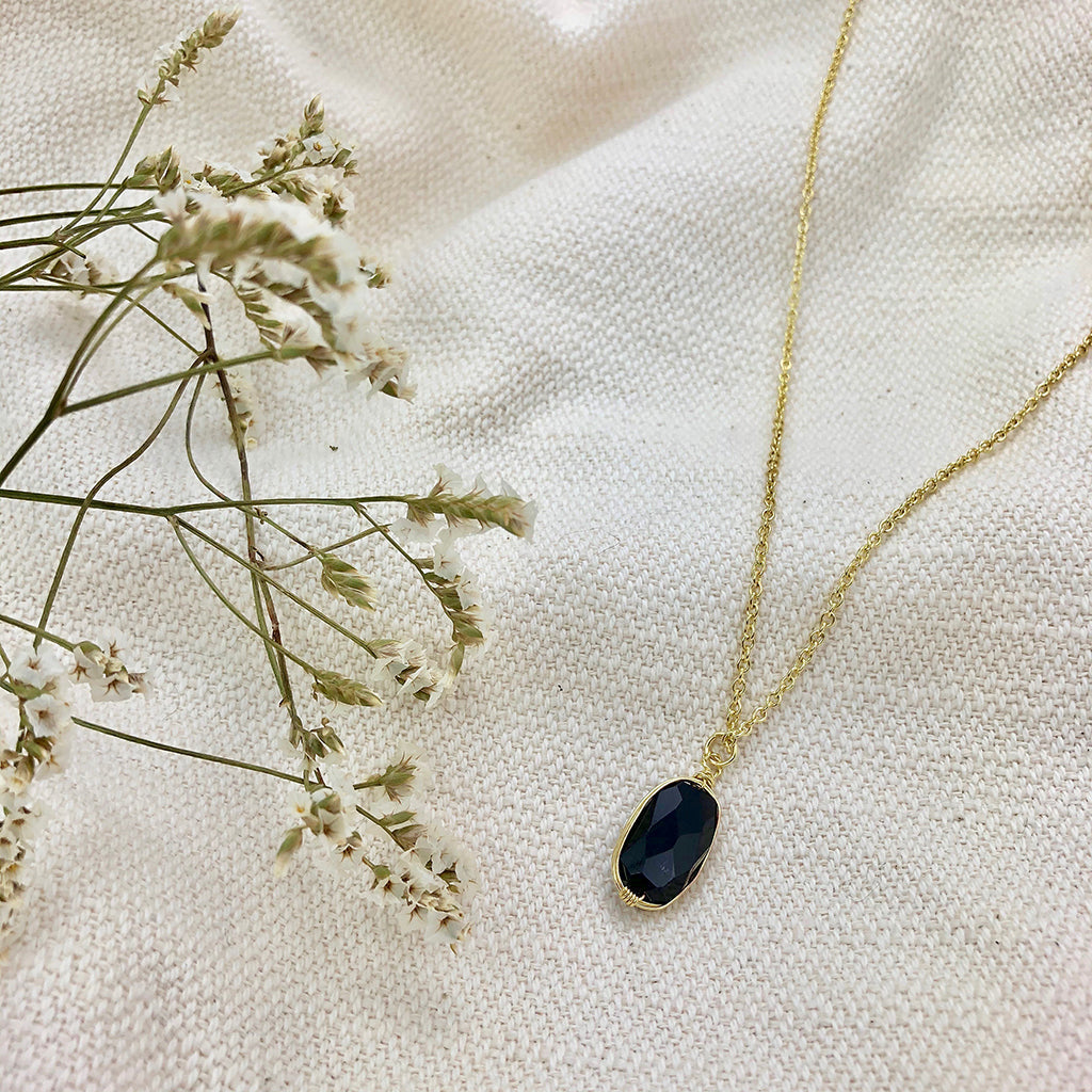 Black Quartz Pendant Necklace - Polished Crystal Brass Wire Minimal Layering BandsCo Straps
