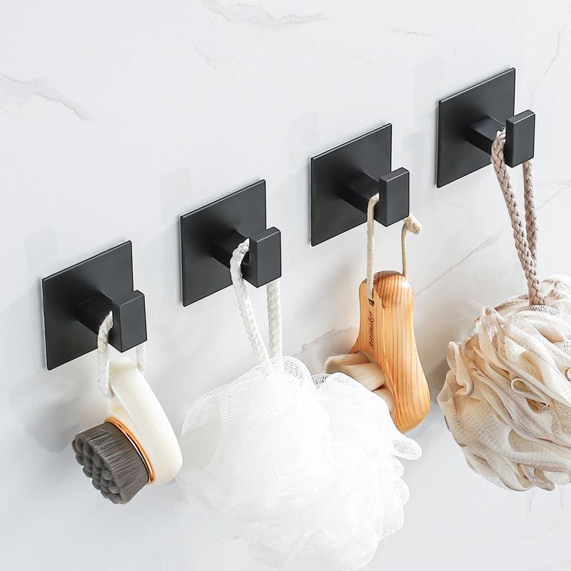 Black Self-Adhesive Wall Hooks For Hanging Keys Clothes Hanger Door Robe Hook Coat Rack Towel Holder Bathroom Accessories Matte Black Finish Wall Mount Coat Hat Door Hook Hanger Bathroom Accessories Stevvex