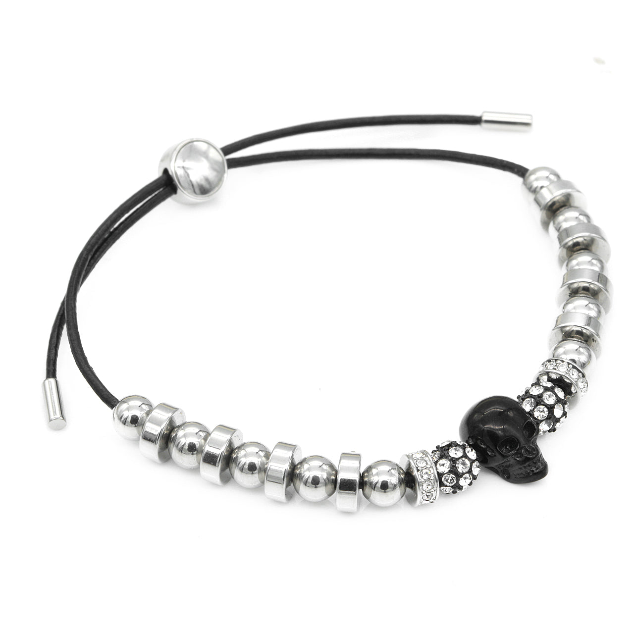 Black Skull Leather Adjustable Pull Cord Unisex Bracelet