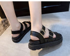 Black Summer Woman Flat Platform Sandals Women Soft Leather Casual Open Toe Women Shoes Slides Sandals Comfort Footbed Double Buckle Adjustable Slippers Summer Non Slip Flat Elegant Sandals Stevvex