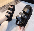 Black Summer Woman Flat Platform Sandals Women Soft Leather Casual Open Toe Women Shoes Slides Sandals Comfort Footbed Double Buckle Adjustable Slippers Summer Non Slip Flat Elegant Sandals Stevvex