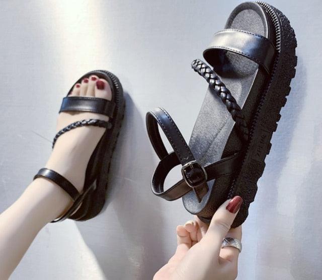 Black Summer Woman Flat Platform Sandals Women Soft Leather Casual Open Toe Women Shoes Slides Sandals Comfort Footbed Double Buckle Adjustable Slippers Summer Non Slip Flat Elegant Sandals Stevvex
