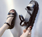 Black Summer Woman Flat Platform Sandals Women Soft Leather Casual Open Toe Women Shoes Slides Sandals Comfort Footbed Double Buckle Adjustable Slippers Summer Non Slip Flat Elegant Sandals Stevvex