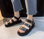 Black Summer Woman Flat Platform Sandals Women Soft Leather Casual Open Toe Women Shoes Slides Sandals Comfort Footbed Double Buckle Adjustable Slippers Summer Non Slip Flat Elegant Sandals Stevvex