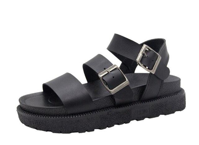 Black Summer Woman Flat Platform Sandals Women Soft Leather Casual Open Toe Women Shoes Slides Sandals Comfort Footbed Double Buckle Adjustable Slippers Summer Non Slip Flat Elegant Sandals Stevvex
