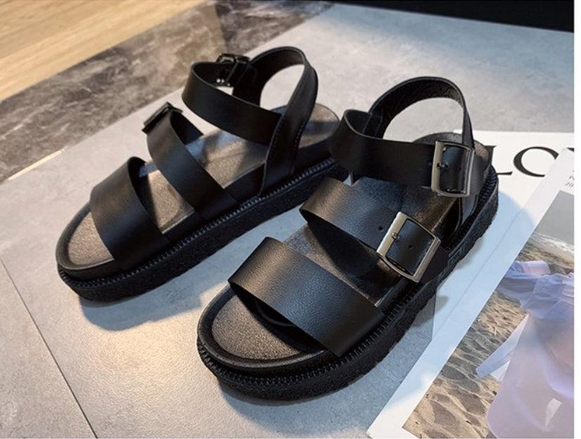 Black Summer Woman Flat Platform Sandals Women Soft Leather Casual Open Toe Women Shoes Slides Sandals Comfort Footbed Double Buckle Adjustable Slippers Summer Non Slip Flat Elegant Sandals Stevvex