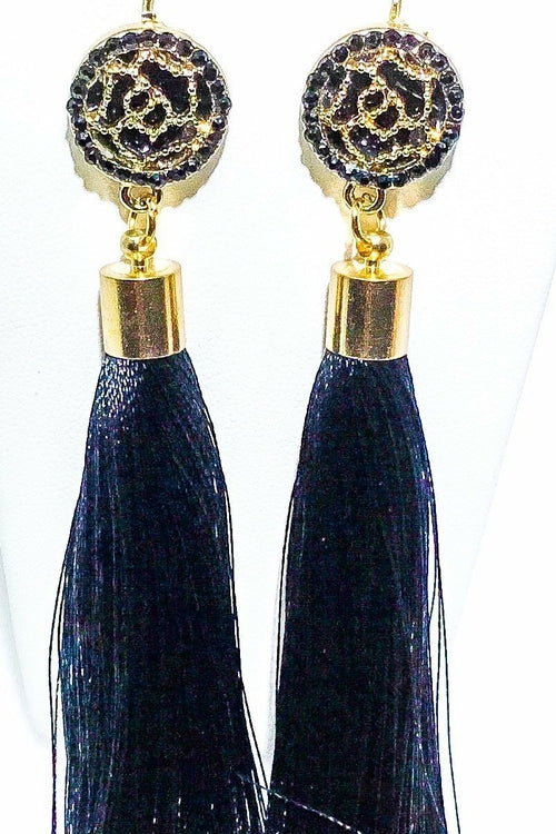 Indian Blue Tassel Drop Dangle Earrings Gold Accent