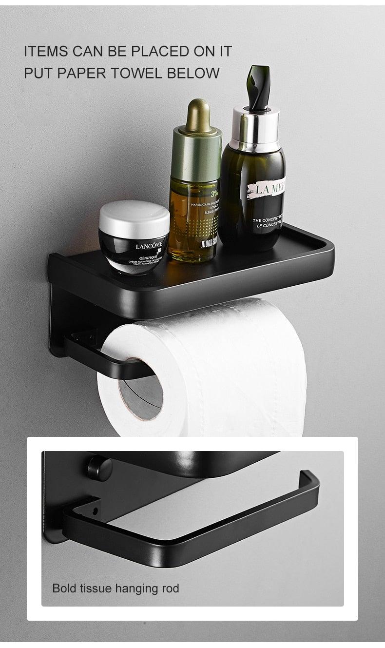 Black Toilet Paper Holder Multifunction Bathroom Storage Shelf Roll Paper Holder Toilet Paper Holder With Shelf Matte Black Toilet Paper Holder Toilet Paper Roll Holder Bathroom Adhesive Toilet Paper Holder Stevvex
