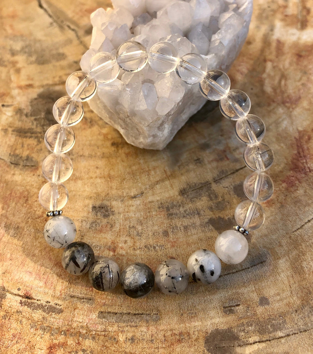Black Tourmaline Crystal Quartz Stretch Bead Bracelet