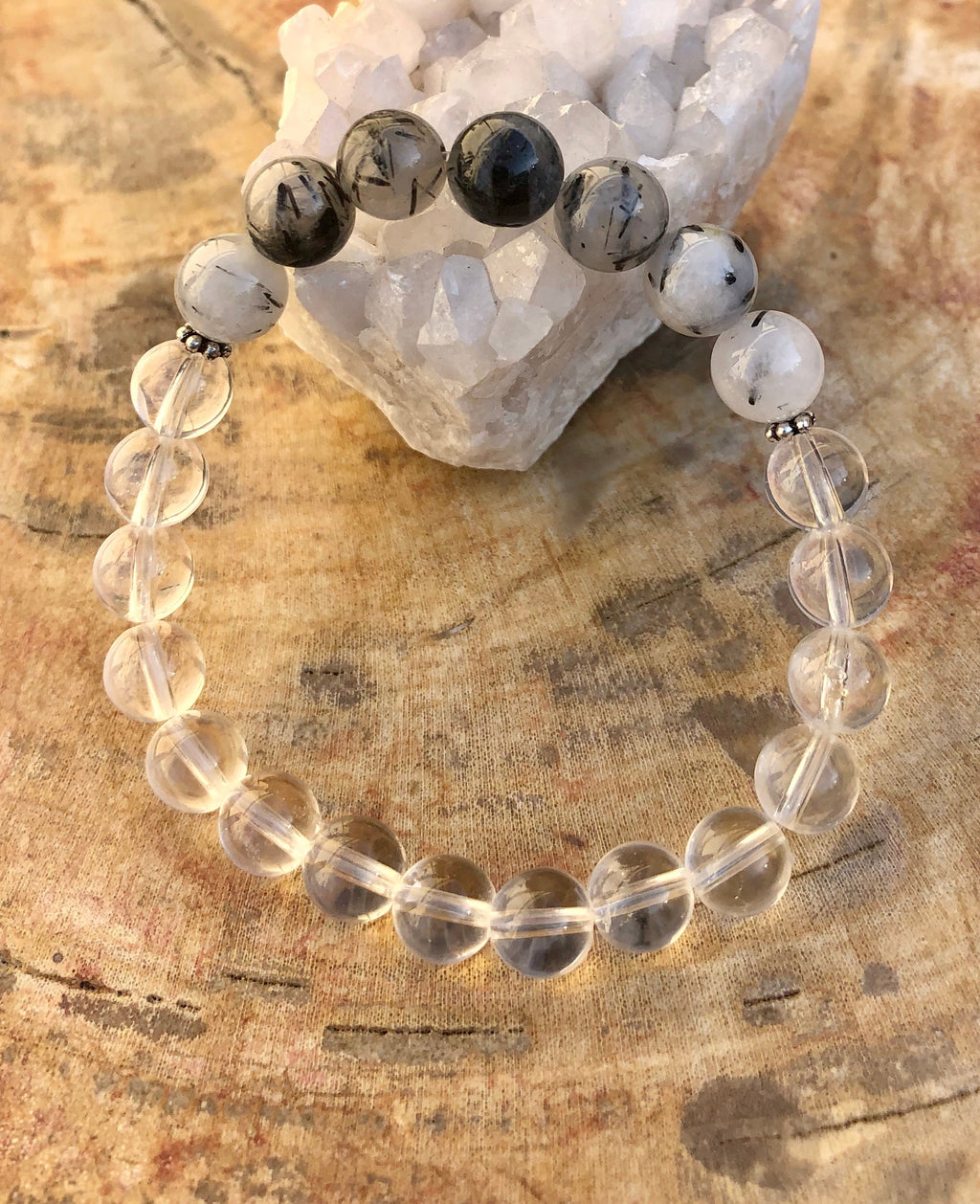 Black Tourmaline Crystal Quartz Stretch Bead Bracelet