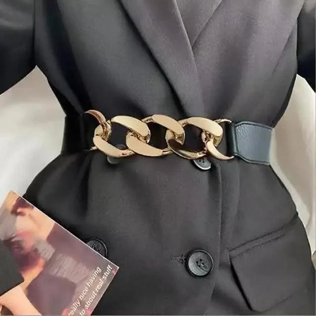 Black Vintage Ladies Dress Belt Charming Chain Buckle Elastic Luxurious Women Belt Metal Chain Style Party Fashion Belts For Ladies Stevvex
