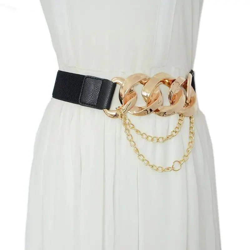 Black Vintage Ladies Dress Belt Charming Chain Buckle Elastic Luxurious Women Belt Metal Chain Style Party Fashion Belts For Ladies Stevvex