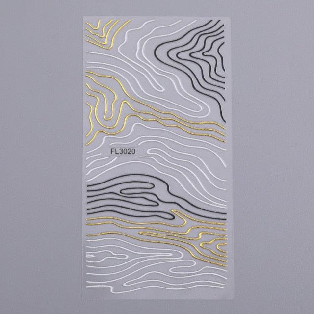 Black White 3D Nail Stickers Metal Gold Silver Geometric Tassel Strip Line Adhesive Transfer Decals Nail Art Design  Gold Silver Metal Nail Sticker  Metallic Curve Strip Line Nail Decal Self-Adhesive 3D Wave Design Nail Tips Decorations Manicure for Women Stevvex