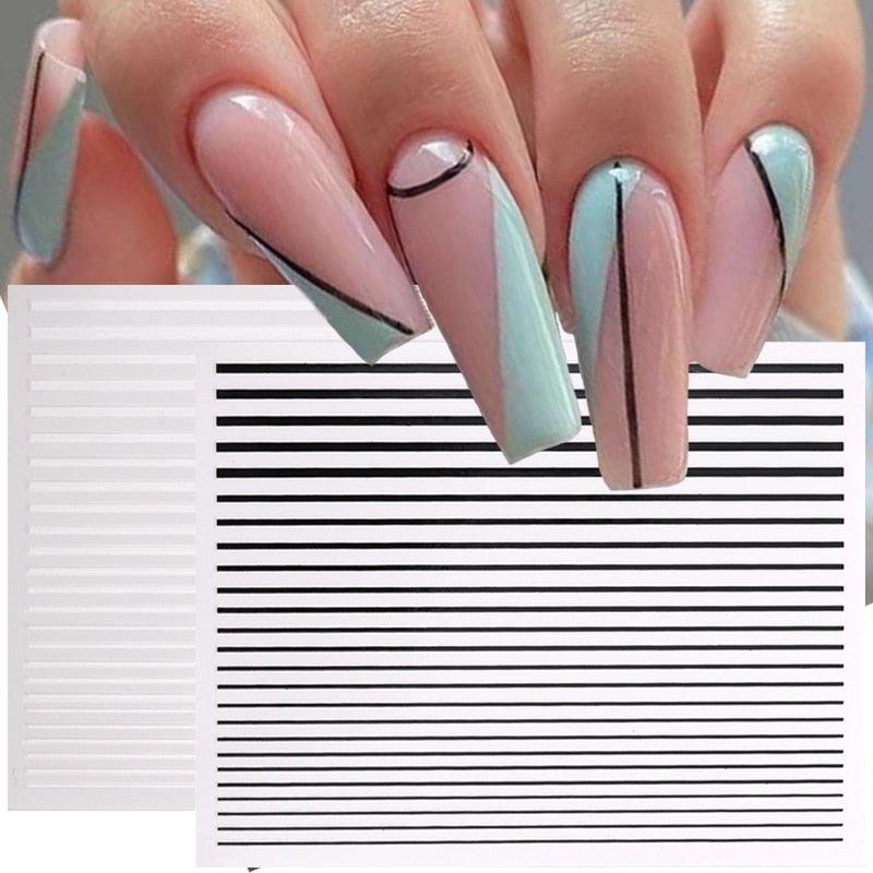 Black White 3D Nail Stickers Metal Gold Silver Geometric Tassel Strip Line Adhesive Transfer Decals Nail Art Design  Gold Silver Metal Nail Sticker  Metallic Curve Strip Line Nail Decal Self-Adhesive 3D Wave Design Nail Tips Decorations Manicure for Women Stevvex