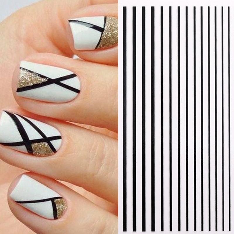 Black White 3D Nail Stickers Metal Gold Silver Geometric Tassel Strip Line Adhesive Transfer Decals Nail Art Design  Gold Silver Metal Nail Sticker  Metallic Curve Strip Line Nail Decal Self-Adhesive 3D Wave Design Nail Tips Decorations Manicure for Women Stevvex