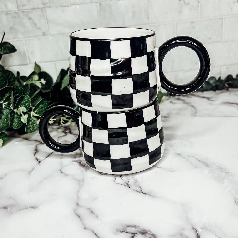 Black And White Checkered Ceramic Mug 13.5oz Hand-Painted Retro Dishwasher Safe BandsCo Straps
