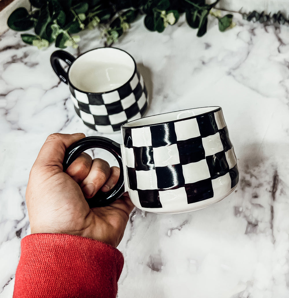 Black And White Checkered Ceramic Mug 13.5oz Hand-Painted Retro Dishwasher Safe BandsCo Straps