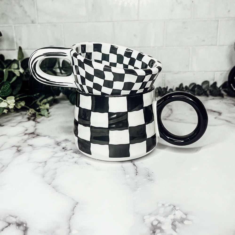 Black And White Checkered Ceramic Mug 13.5oz Hand-Painted Retro Dishwasher Safe BandsCo Straps