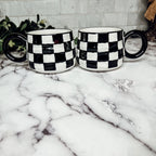 Black And White Checkered Ceramic Mug 13.5oz Hand-Painted Retro Dishwasher Safe BandsCo Straps