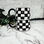 Black And White Checkered Ceramic Mug 13.5oz Hand-Painted Retro Dishwasher Safe BandsCo Straps