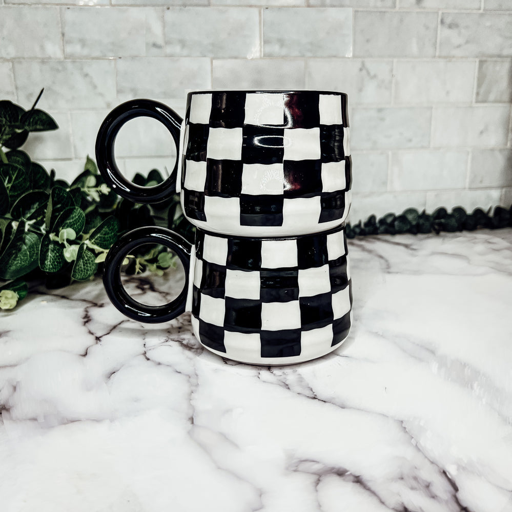 Black And White Checkered Ceramic Mug 13.5oz Hand-Painted Retro Dishwasher Safe BandsCo Straps