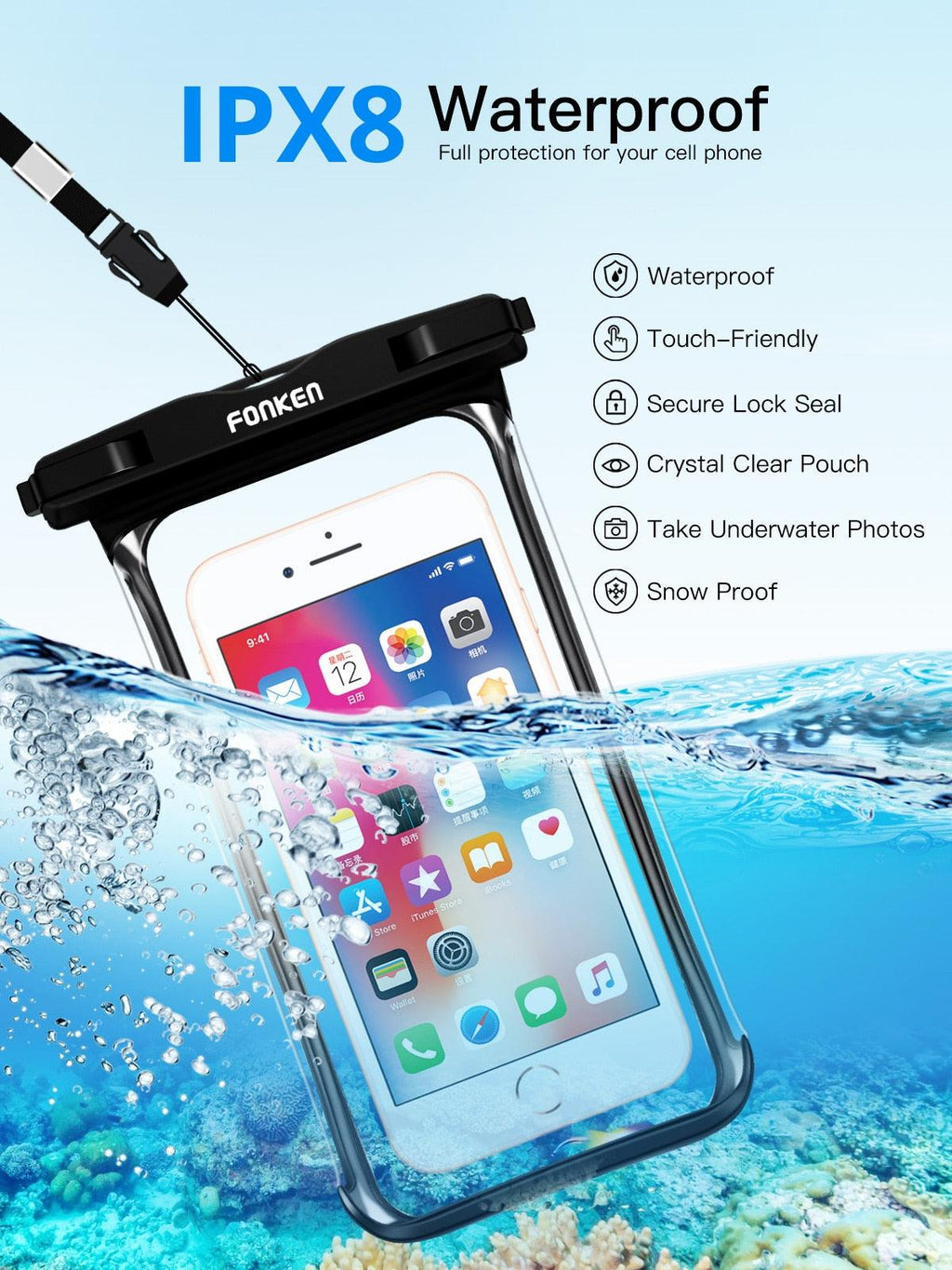 Black White Full View Waterproof Case for Phone Underwater Snow Transparent Swimming Pouch Big Mobile Phone Covers Waterproof Mobile Phone Case Underwater Waterproof Iphone Case Stevvex