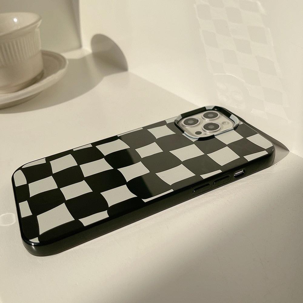 Black White Luxury Checkerboard Soft Phone Case For iPhone 14 13 12 11 Pro Max Mini X XR 7 8 Plus XS Shockproof Protective Cover Unisex Modern Phone Case Elegant Design Stevvex
