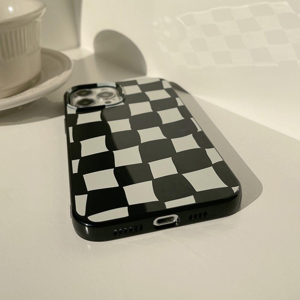 Black White Luxury Checkerboard Soft Phone Case For iPhone 14 13 12 11 Pro Max Mini X XR 7 8 Plus XS Shockproof Protective Cover Unisex Modern Phone Case Elegant Design Stevvex
