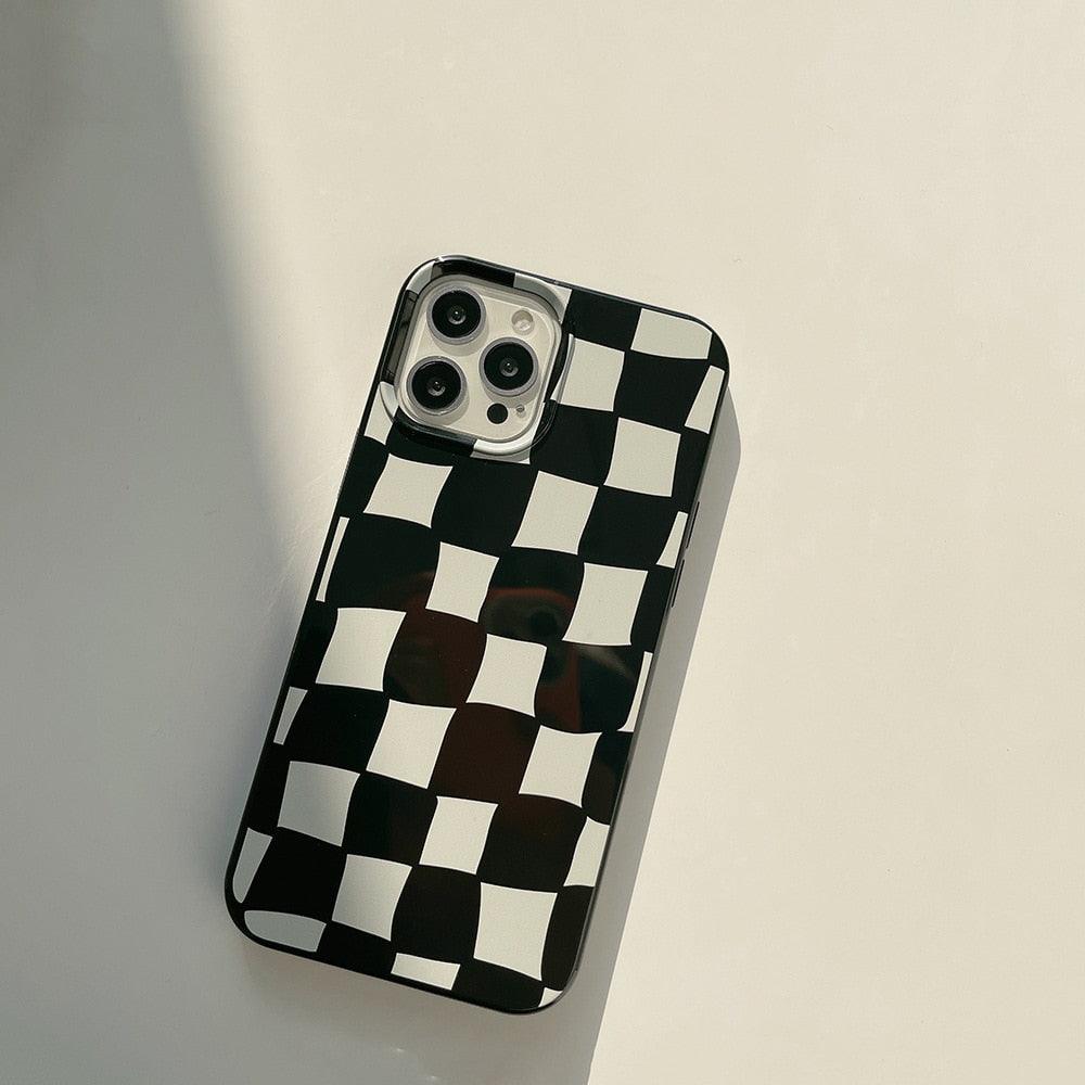 Black White Luxury Checkerboard Soft Phone Case For iPhone 14 13 12 11 Pro Max Mini X XR 7 8 Plus XS Shockproof Protective Cover Unisex Modern Phone Case Elegant Design Stevvex