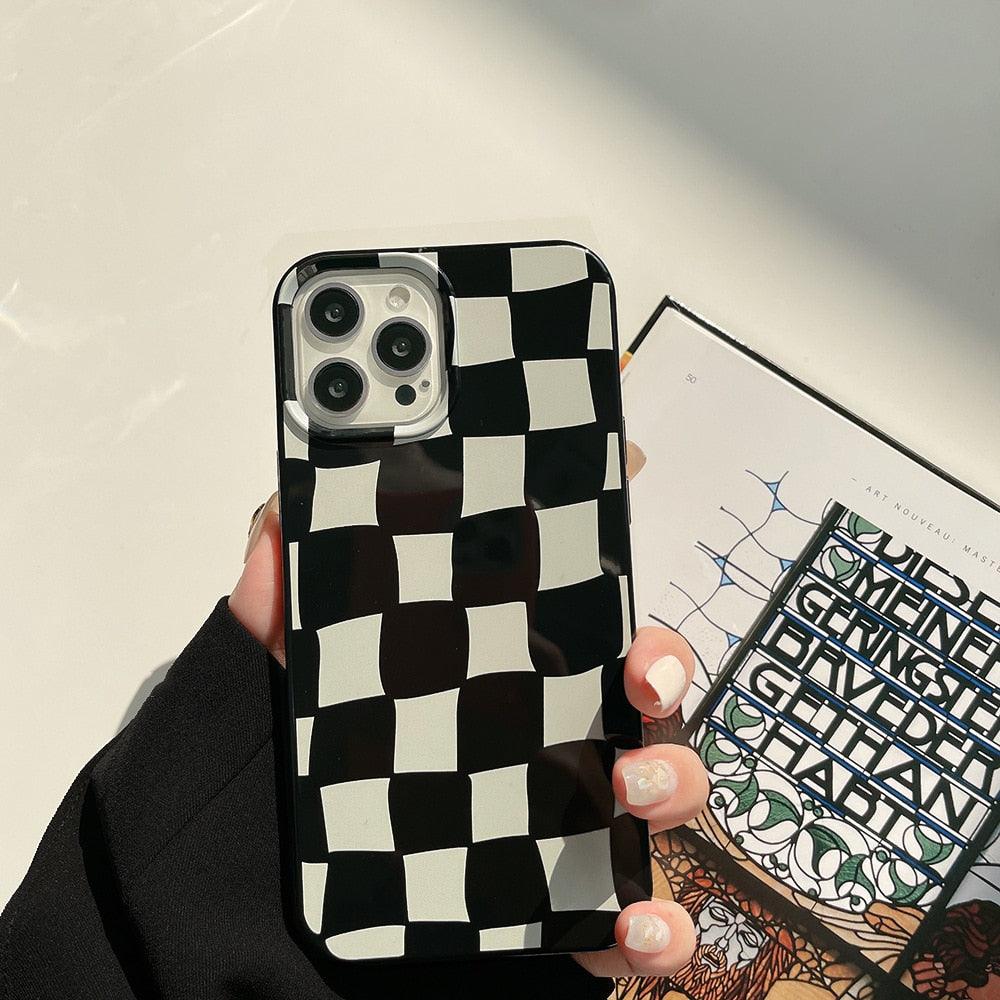 Black White Luxury Checkerboard Soft Phone Case For iPhone 14 13 12 11 Pro Max Mini X XR 7 8 Plus XS Shockproof Protective Cover Unisex Modern Phone Case Elegant Design Stevvex