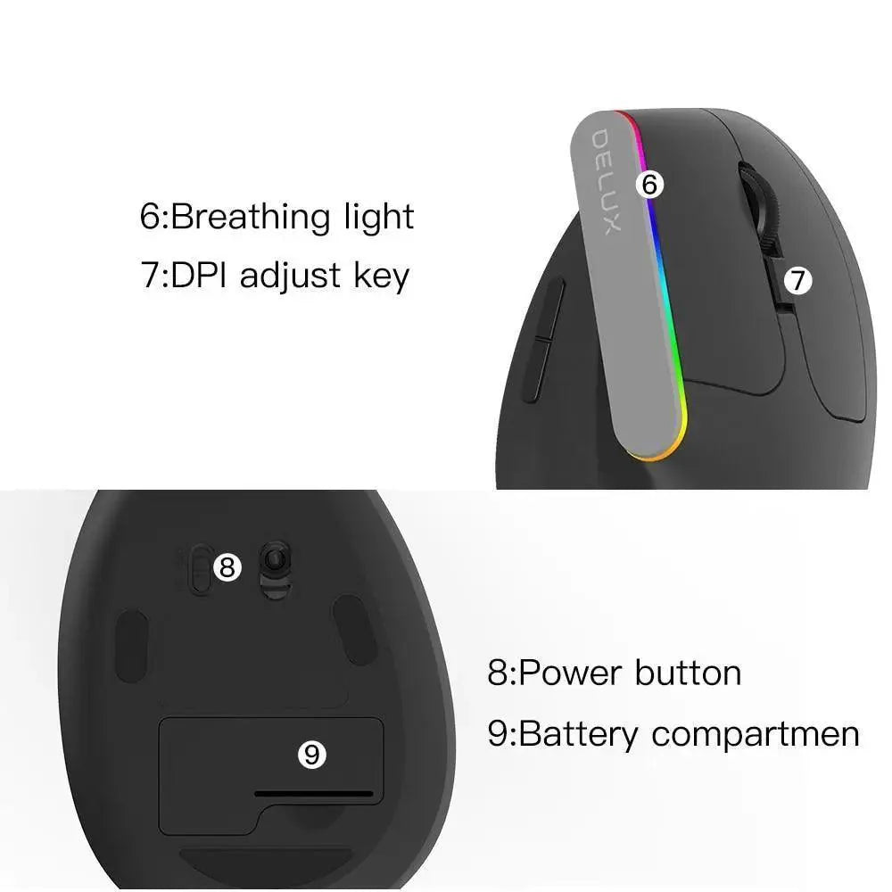 Black Wireless Ergonomic Mouse Vertical 1600 DPI Button Gaming Mouse RGB Optical USB Mice For PC And Laptop 2.4Ghz Stevvex