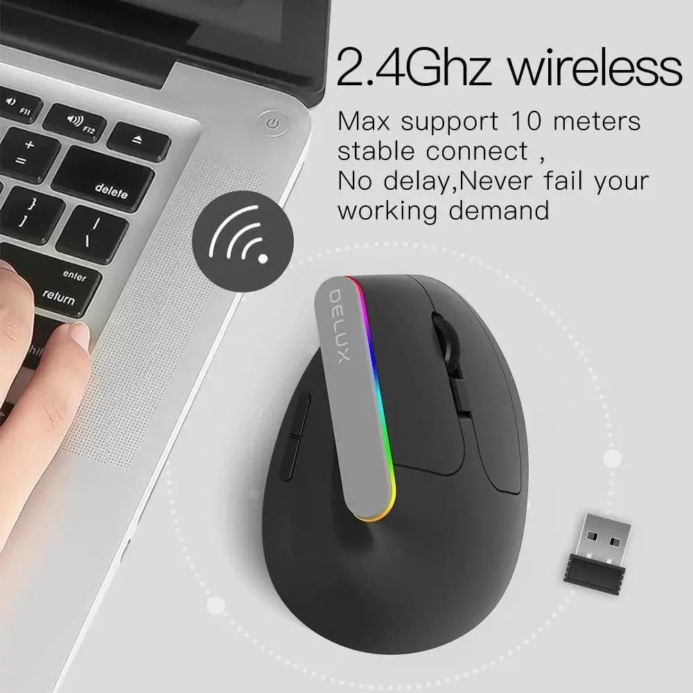 Black Wireless Ergonomic Mouse Vertical 1600 DPI Button Gaming Mouse RGB Optical USB Mice For PC And Laptop 2.4Ghz Stevvex